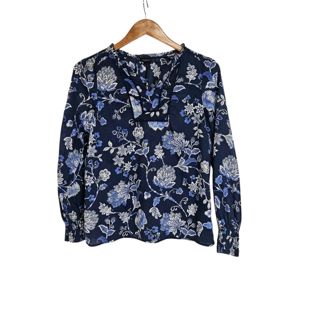 Talbots Blue Floral Cotton Boho Smocked V-neck Popover Blouse Size Small